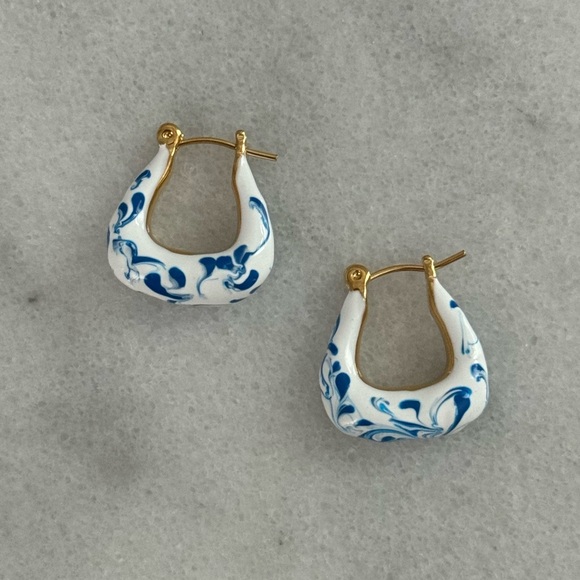 Modest Lu Jewelry - Gold White Blue Painted Oriental Geometric Hoop Earrings 

Brand New